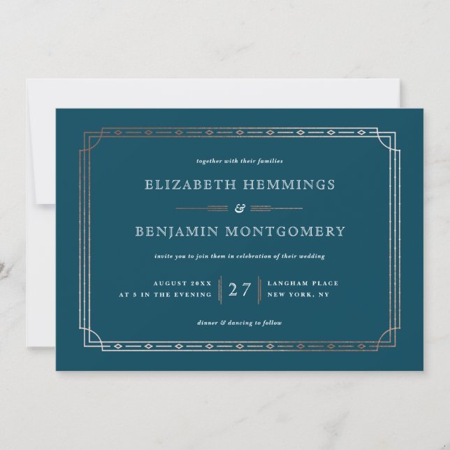 Teal Modern Art Deco Rose Gold Foil Border Wedding Invitation (Front)