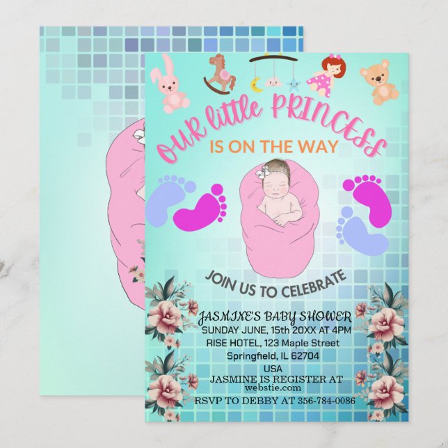 Teal Modern Boho Floral Princess Baby Girl Shower Invitation (Front/Back)