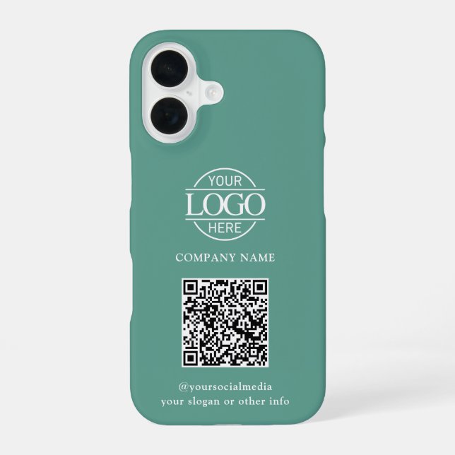 Teal Modern Business Logo & QR Code Promotional iPhone 16 Case (Back)