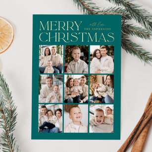 Teal Modern Christmas 9 Photo Collage Foil Holiday Card