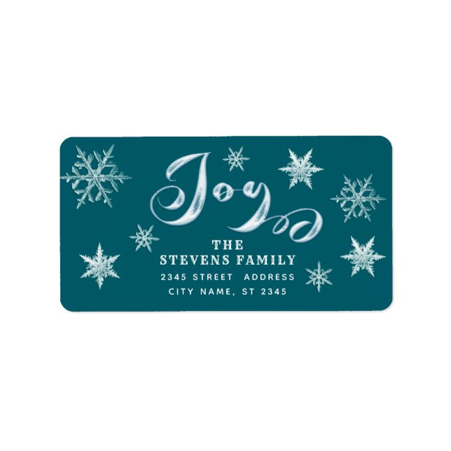 Teal Modern fun script joy snowflakes    Label (Front)