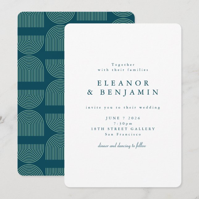 Teal Modern Minimalist Arch Pattern Wedding Invitation (Front/Back)