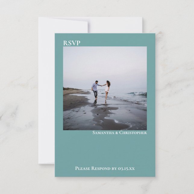 Teal Modern Simple Minimalist Photo Wedding RSVP Card (Front)
