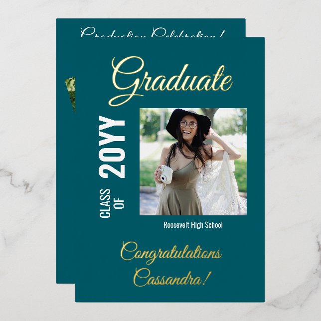 Teal Modern Square Photo Graduation Party (Front/Back)