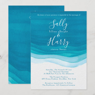 Teal, Modern Watercolor Waves Wedding Invitation