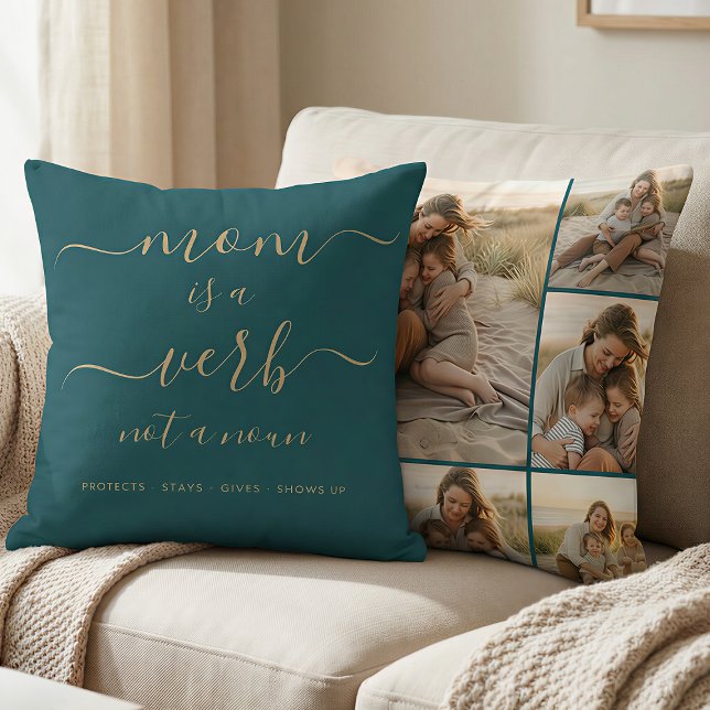 Teal Mom Is a Verb Family Photo Mum Keepsake Cushion (Creator Uploaded)