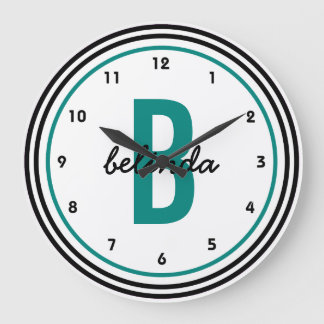 Teal Monogram Black and White Personalised Large Clock