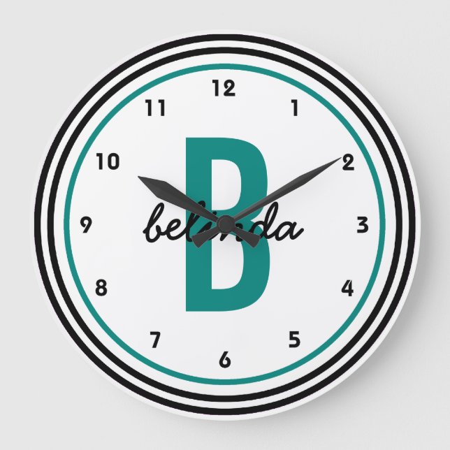 Teal Monogram Black and White Personalised Large Clock (Front)