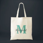 Teal Monogram Black Script Name Tote Bag<br><div class="desc">Teal Monogram Black Script Name Tote Bag. Can be given as gift to family and friends on their Birthday and Christmas.</div>