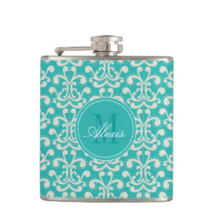 Teal Monogram Damask Flask