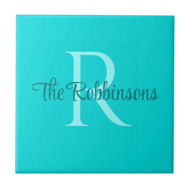 Teal Monogram Family name Ceramic Tile (Front)