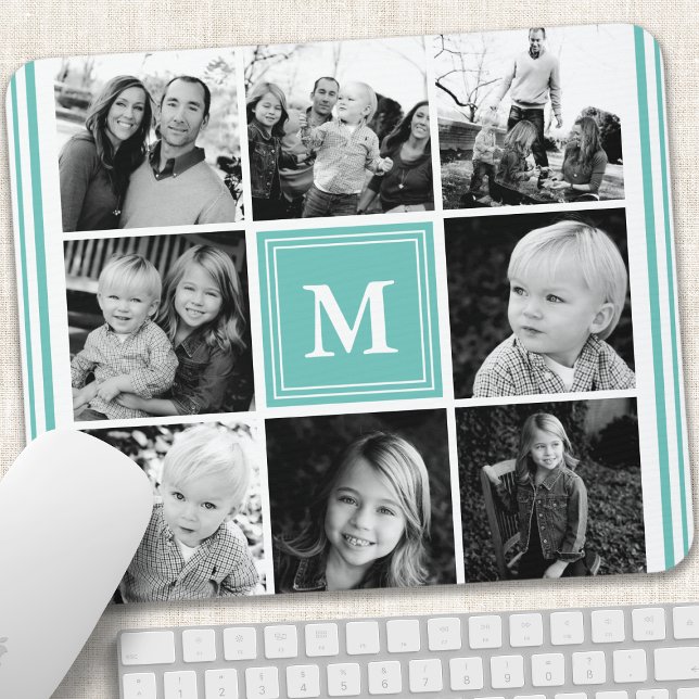 Teal Monogram Family Photo Collage Mouse Mat (Creator Uploaded)