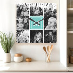 Teal Monogram Family Photo Collage Square Wall Clock<br><div class="desc">Showcase your cherished family memories with this personalised square wall clock. Featuring a stylish teal background and a collage of your favourite photos,  this clock is a unique and sentimental addition to any home. Add your family initial for a personal touch. A perfect gift for weddings,  anniversaries,  or housewarmings.</div>