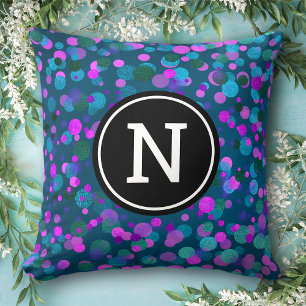 Teal monogram initial blue purple confetti dots cushion