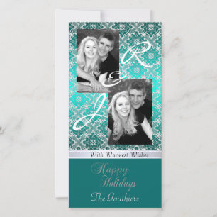 Teal Monogram Lace Holiday Ribbon Photo Card