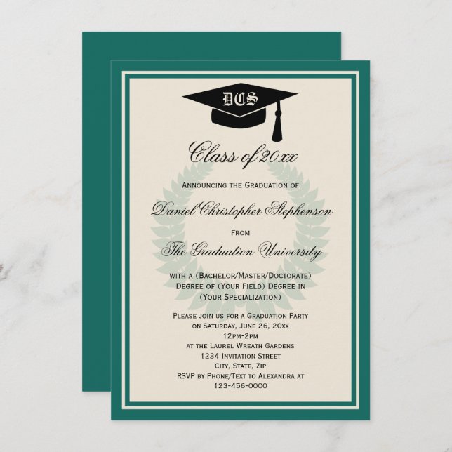 Teal Monogram Laurel Classic College Graduation Invitation (Front/Back)