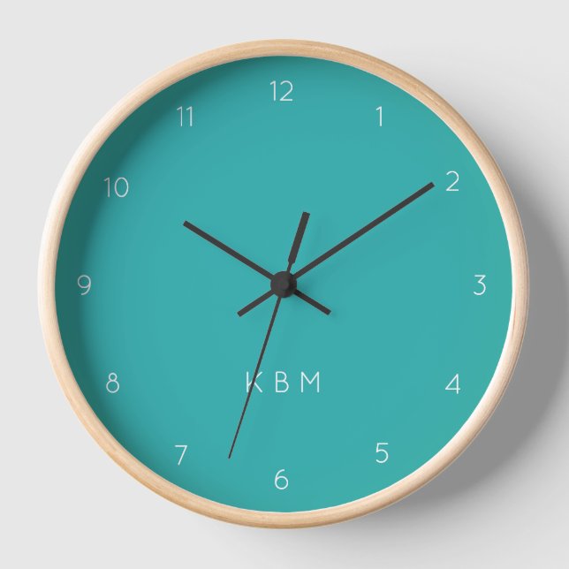Teal Monogram | Modern Turquoise Cyan Blue Clock (Front)