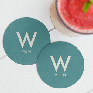Teal Monogram Personal Party Round Paper Coaster