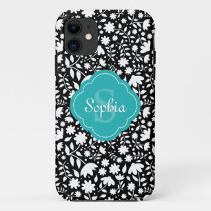 Teal Monogram Quatrefoil Black Floral Pattern iPhone 11 Case