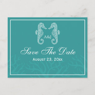 Teal Monogram Seahorse Save The Date Postcards