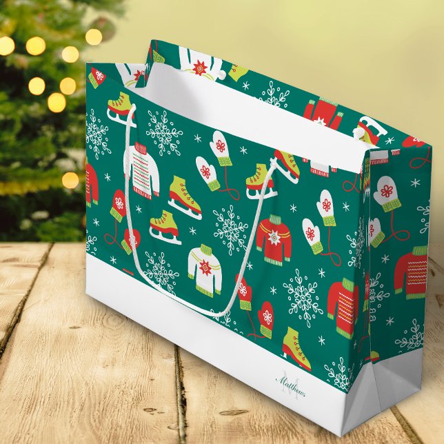 Teal Monogram Snowflakes Pattern Family Christmas Large Gift Bag (Creator Uploaded)