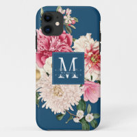 Teal Monogram Vintage Floral Peony Swirls Elegant