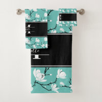 Teal Monogrammed Black and White Magnolia Flower