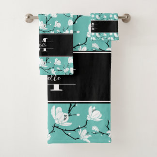 Teal Monogrammed Black and White Magnolia Flower Bath Towel Set