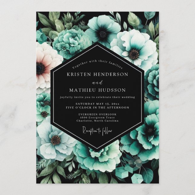 Teal Moody Botanical Wedding Invitation (Front)