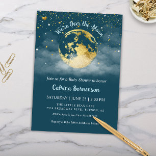 Teal Moon and Stars Gold Celestial Baby Shower Invitation