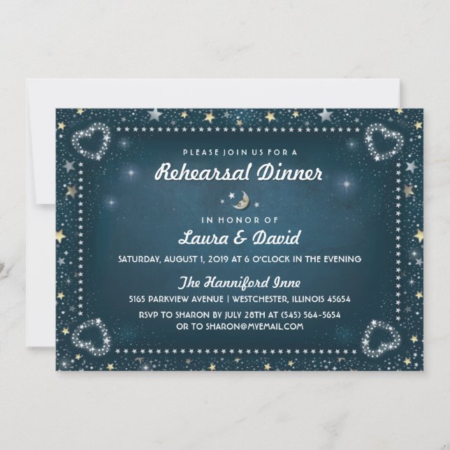 Teal Moon & Stars Gold & White Rehearsal Dinner Invitation (Front)