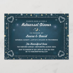 Teal Moon & Stars Gold & White Rehearsal Dinner Invitation