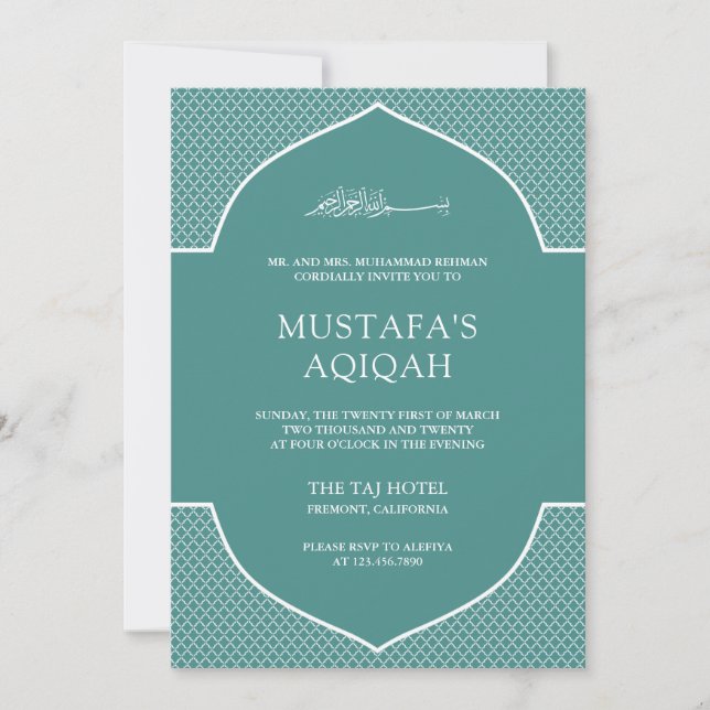 Teal Moroccan Islamic Muslim Aqiqah Invitation (Front)