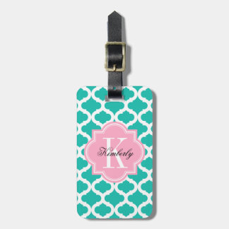 Teal Moroccan Pattern with Pink Monogram Luggage Tag