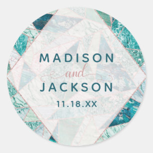 Teal Mosaic Marble Triangles Monogram Wedding Classic Round Sticker