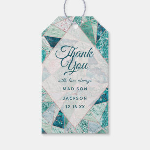 Teal Mosaic Marble Triangles Wedding Thank You Gift Tags
