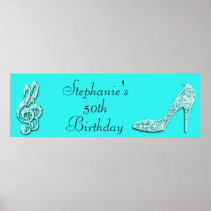Teal Music Notes and Stiletto 50th Birthday Poster