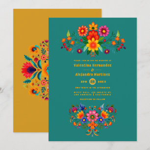 Teal & Mustard Mexican Folk Art Fiesta Wedding Invitation