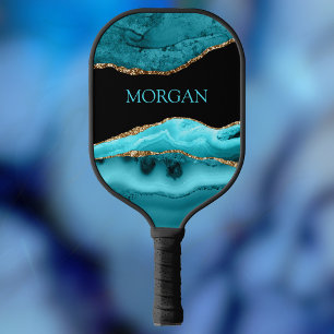 Teal Name, Black, Gold & Teal Agate Pickleball Paddle