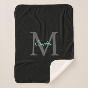 Teal Name, Grey Monogram, Black Sherpa Blanket