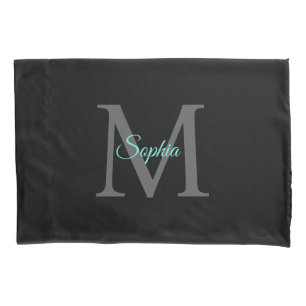 Teal Name & Large Grey Monogram, Black Pillowcase