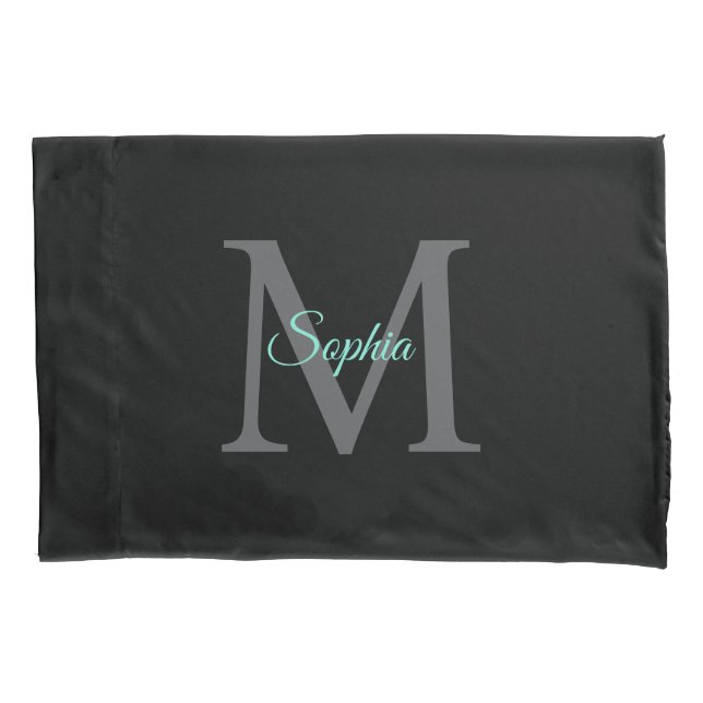 Teal Name & Large Grey Monogram, Black Pillowcase (Front)