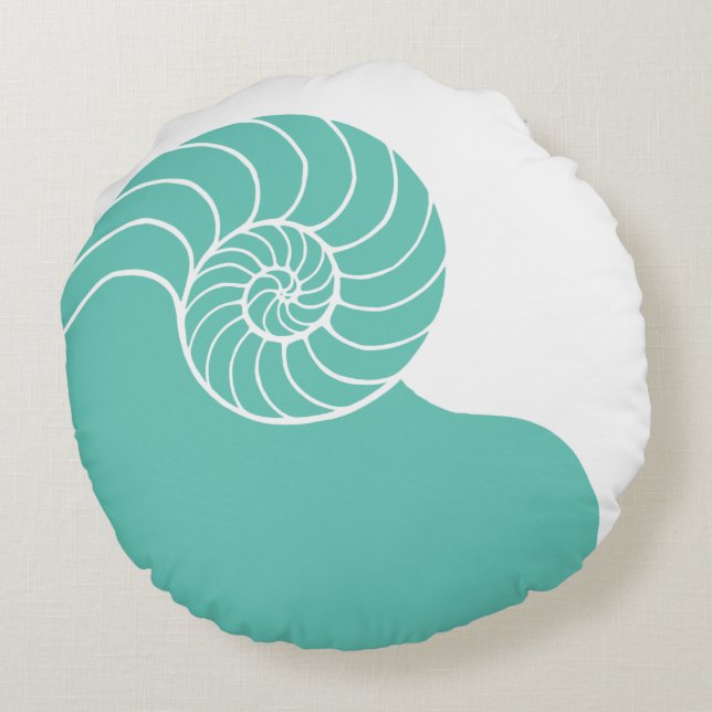 Teal Nautilus Sea Shell Round Cushion (Back)