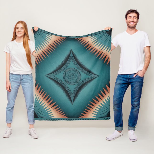 Teal Navajo Peach Sunburst Families Gift Fleece Blanket (In Situ)