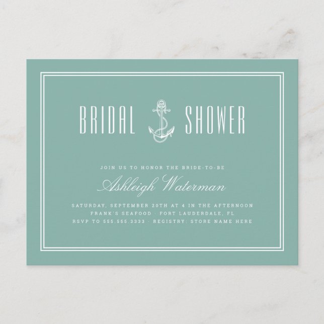 Teal & Navy Blue Nautical Anchor Bridal Shower Invitation Postcard (Front)