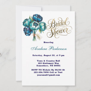Teal Navy Blue Peony Flowers Bridal Shower Invitation
