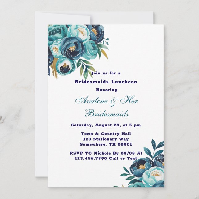 Teal Navy Blue Peony Flowers Bridesmaids Luncheon Invitation (Front)