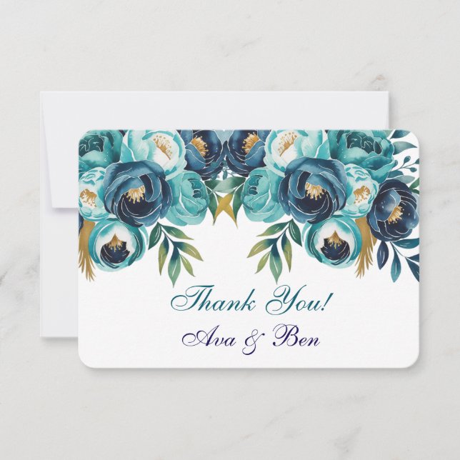 Teal Navy Blue Peony Flowers Wedding Thank You Card (Front)