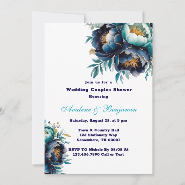 Teal Navy Blue Peony Wedding Couples Shower Invitation (Front)