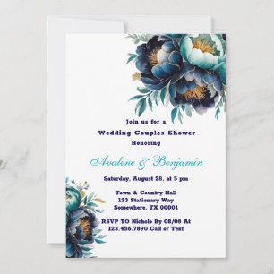Teal Navy Blue Peony Wedding Couples Shower Invitation